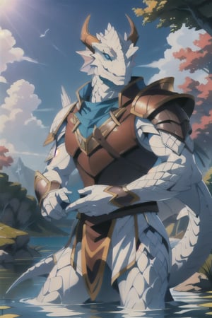 white dragonborn, athletic male, smiling, chaotic, ranger, long white horns, glowing blue eyes, fantasy, torn clothes, standing, brown leather armor, cowboy shot, intense sunlight, white dragonborn, outdoors, landscape, fantasy lake wtih flying fish, ((masterpiece, best quality)),