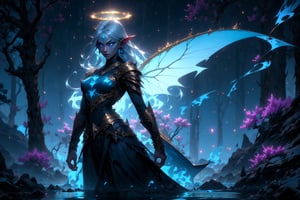 1girl, full body, blue beautiful merfolk, blue, sharkfin, gills, small chest, ((golden metal breastplate)), blue cloth, glowing blue eyes, long silver hair, corals in hair, lightblue skin, facial mark on forehead, fantasy river with reed and big violet trees on the side, athletic, volumetric lighting, best quality, masterpiece, realistic, (blue fire), blue flames, blue glowing lighting Fairy wings, blue halo, pointed_ears, fantasy River landscape