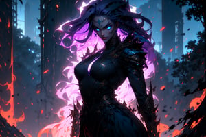 1girl, beautiful merfolk, sharkfin, gills, medium breast, golden armored dark dress, blue cloth, cleavage, glowing blue eyes, long purple hair, corals in hair, lightblue skin, facial mark on forehead, fantasy river with reed and big violet trees on the side, athletic, volumetric lighting, best quality, masterpiece, realistic,r1ge, huge fins