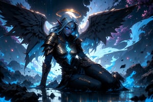1girl, full body, blue beautiful merfolk, blue, sharkfin, gills, medium chest, ((golden metal breastplate)), blue cloth, glowing blue eyes, long silver hair, corals in hair, lightblue skin, facial mark on forehead, fantasy river with reed and big violet trees on the side, athletic, volumetric lighting, best quality, masterpiece, realistic, (blue fire), blue flames, blue glowing lighting celestial wings, blue halo, pointed_ears, fantasy River landscape