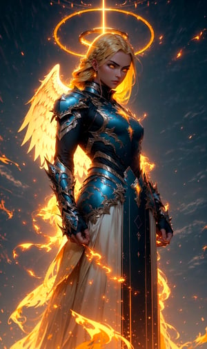 1girl, beautiful aasimar, 30 Years, small breast, paladin platearmor, arrogant glowing yellow eyes, dominant face, blonde long hair, braided, 6 huge transparent glowing celestial wings, (6 huge glowing celestial wings), fantasy town outdoors, athletic, halo, muscular, volumetric lighting, best quality, masterpiece, realistic,r1ge