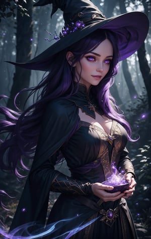1girl, adult (elven:0.7) woman, purple eyes, dark violet sleek hair, portrait, looking down, solo, (full body:0.6), detailed background,  light smile, witch hat, witch, magical atmosphere, hair flowing in the wind, blue trimmed dark colored clothes,  colorful  glowing magic weaves in the air, swirling portal, dark magic, (style-swirlmagic:0.8), floating particles, rustic forest hut background,  backlighting, 
