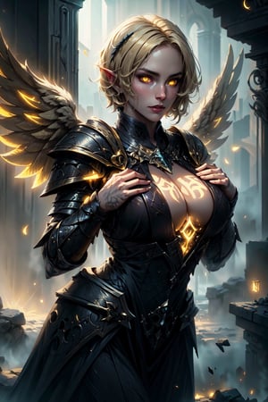 a portrait of a fallen angel cleric, with a detailed toned body, (normal chest), glowing yellow eyes, fullplate cleric armor, blonde short hair, she is in an temple at night, stunningly beautiful, highly detailed. Cinematic lighting, huge featherless wings,GlowingRunes_