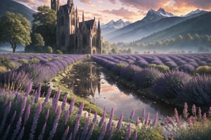 art by greg rutkowski, old stone ruin of a cathedral, stone well, small stream, sunrise over mountains in the distance, outdoors, landscape, nature, lavender field, a field full of deep violet flowers, ((masterpiece, best quality)), no people