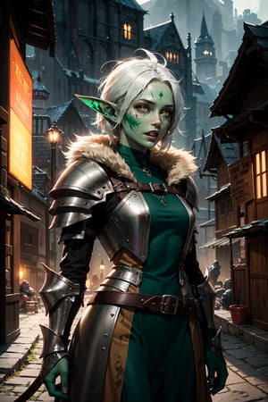 1girl, beautiful goblin, 25 years old, green skin, long pointy ears, fanged teeth, brown leather armor, armored dress, brown cloth, fur, glowing yellow goat eyes, wild white hair, (green skin), facial scar, fantasy town outdoors, volumetric lighting, best quality, masterpiece, realistic, tiny_body