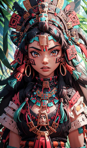 portrait, medium close up, visible up to the waist
, Aztec woman, medium breast, Aztec traditional long colorful dress, shining smaragd jewelery, Aztec headdress, bright glowing caramel eyes, black hair,, facial marks, standing before an aztec temple in a jungle as backround, athletic, volumetric lighting, best quality, masterpiece, realistic, vibrant colors,