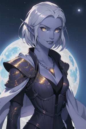 drow, athletic female, pointy ears, solo, elf, smirk, colored skin, looking at viewer, Short silver hair, red strands in hair, dark elf, breasts, medium breasts, wearing a white corset dress, cloth is white and the corset is light brown, Golden Chains around the shoulder and neck, Necklace with Moon Amulet, bright glowing white eyes, grey skin, upper body, lips, ((masterpiece, best quality)), LuxuriousWheelsCostume,LuxuriousWheelsCostume