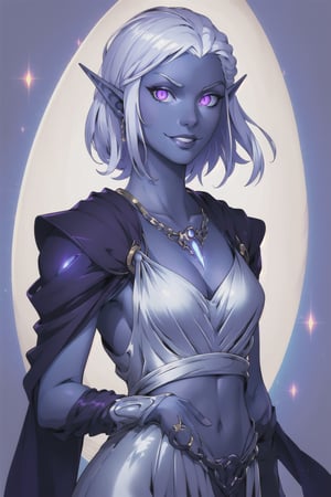 drow, female, pointy ears, solo, elf, smirk, colored skin, midriff, looking at viewer, Short silver hair, front hair dyed red, dark elf, breasts, white hair, medium breasts, wearing a silver dress, Golden Chains around the shoulder and neck, a dagger at the left hip, birght glowing purple eyes, grey skin, upper body, glowing eyes, lips, ((masterpiece, best quality)), LuxuriousWheelsCostume,LuxuriousWheelsCostume