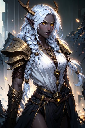 1girl, beautiful muscular athletic barbarian, dark brown skin color, medium breast, wearing a toga, brass chains around chestarea, brass chains around shoulder, golden antlers, crown, glowing yellow eyes, long foxtail, braided white hair, braided, green hills, athletic, volumetric lighting, best quality, masterpiece, realistic,drow