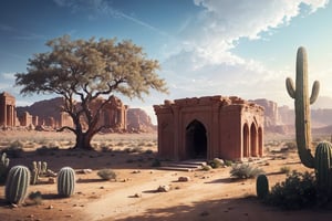 art by greg rutkowski, old sandstone ruin of a persian temple, outdoors, landscape, nature, fantasy savannah with few acacia trees and cacti, a huge desert in the distance, ((masterpiece, best quality)), no people