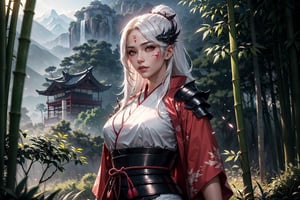 1girl, half dragon, beautiful muscular athletic samurai, scales, wearing armored kimono, bright glowing pink eyes, japanese clothes, long white hair, grey skin, facial mark, fantasy bamboo forest, asian mountains in backround, athletic, volumetric lighting, best quality, masterpiece, realistic