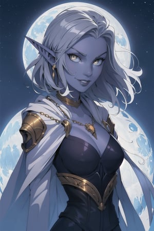drow, athletic female, pointy ears, solo, elf, smirk, colored skin, looking at viewer, Short silver hair, red strands in hair, dark elf, breasts, medium breasts, wearing a white corset dress, cloth is white and the corset is light brown, Golden Chains around the shoulder and neck, white eyes, grey skin, upper body, lips, ((masterpiece, best quality)), 1 huge glowing full 1 moon in the backround, moonshaped necklace