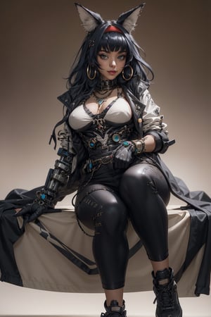 masterpiece, ultra hd, 8k,hdr, dynamic , blue eyes , hyper realistic, detailed background, finely detailed_body, big_boobs , fullbody,1girl, very long hairstyle, (deep black hair color:1.2), (bright eyes:1.1), |  egyptian, egyptian clothes , egypt godess ,egypt , hecate , fox_ears , seethru , Animal ear,perfecteyes , ,Detailedface,Detailedeyes,mechanical_arms,cybernetic_enhancements, goth girl, gothic, makeup, black lips,goth girl,gothic,blaze, white jacket, white shirt, gloves, red hairband