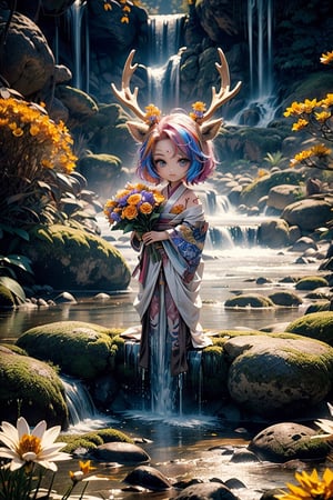 Solarization effect, soft pestel color, (detailed Waterfall and river of Terragen background:1.6), Bokeh, Depth of Field, close-up of a meo and Beauty((Japan chibi🦌priness with fawn antlers:1.4)), Japanese hairstyle:1.5, ((Extra wide Full Body:1.6)),  ((chibi with colorful tattoos of (words) on body:1.5)),  (smelling bouquet of Byzantine Saffron flowers:1.7),  (Studio Lighting: 1.3),  (Cinematic Lights: 1.3),  Full Body Lighting,  Cinematic Angle, random pose, (gorgeous luxury DOIR dress:1.3,  modern, detailed clothes), collarbone,(slender, abs),  solo, glitter jewelry,perfect anatomy,  perfect proportions, ultra-detailed images,FFIXBG