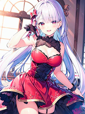 Riselia,best quality,high quality,ultra detailed,
red dress
medium_breasts,cute pose,thigh skirt,big smile
