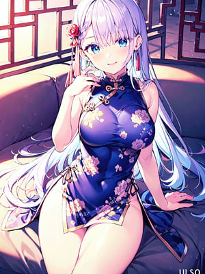Riselia,best quality,high quality,ultra detailed,blue eyes,
blue chinese dress,laying on couch
medium_breasts,cute pose,thigh skirt,big smile