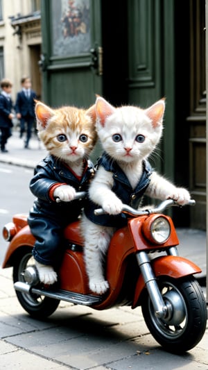 Cute kittens riding a kid motorcycle, paris, photorealistic, more detail XL, Movie Still, Film Still, Mechanical part