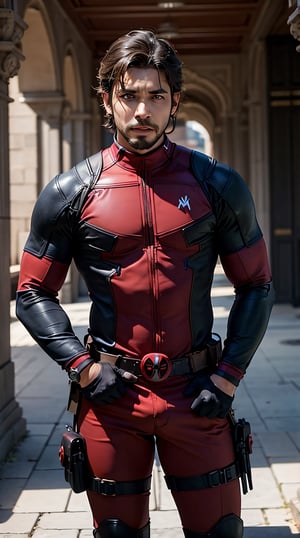 (masterpiece, best quality:1.2), cowboy shot, solo, male focus, 1man, Indian man, muscular male, muscle, looking at viewer, wearing Deadpool suit, Indian architecture background