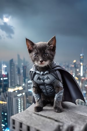 (photo HDR 8K) , shot of a cute ( kitten dressed as batman) half-length, on top of a skyscraper , photorealistic environment, (cinema lighting), (highly detailed background)