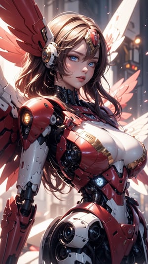 A huge red female robot, large breast, big wings of light, a metallic shining body, 
BIG ROCKET Launcher backpack, beautiful detailed eyes, 
extremely detailed CG unity 8k wallpaper, ,mecha