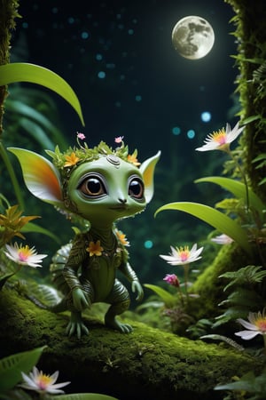 "Stunning photograph of a cute mini woman alien animal creature fully overgrown with plans leafes, flowers and moss  in a jungle of an alien planet at night backlit by a crescent moon,  detailed, masterpiece, volumetric lighting" by  Nikolina Petolas, Peter Gric, Dariusz Klimczak, surreal hallucinatory intricately detailed sharp focus", Movie Still, Balinese style