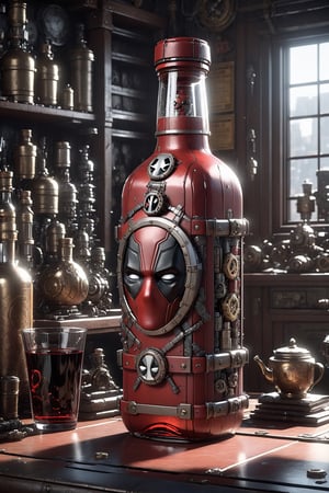 A bottle on the table, deadpool themed bottle, cool design, high gloss, highly detailed, intricate, silver scrollwork, unreal engine 5, octane render, lumen reflections, quixel megascan, 8k, studio lighting, cyborg style, Movie Still, steampunk style