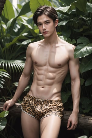 1 boy, Handsome man as leopard, leopard ears, shirtless, swimwear, stand in the jungle, looking at viewer, cinematic, thigh up