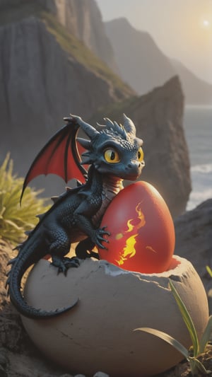 baby dragon hatching out of a red egg(4k), (masterpiece), (best quality), (extremely intricate), (realistic), (sharp focus), (award winning), (cinematic lighting), (extremely detailed), black skin, big ears, big yellow eyes, crystals, cliff side background, fantsy, magic, glow, dim lighting, misty, gems, adventure,