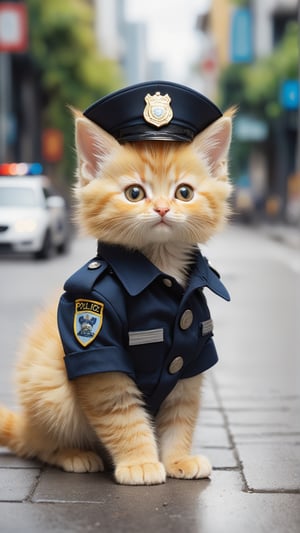 Cute yellow kitten wears police uniform, standing on the street, full body, cinematic,Xxmix_Catecat