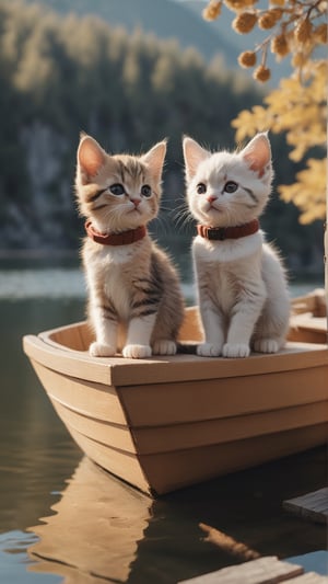Cat couple sitting on mini wooden boat, wear couple clothes, beautiful lake, full body, small kitten, sharp focus, cinematic,Xxmix_Catecat