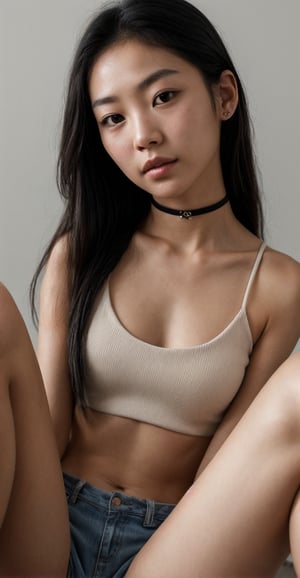 A [chinese-american|korean-american|southeast Asian] teen girl, petite, (very slim), young, realistic, puffy face, wide nose, photorealistic, (very round face), top down view, kneeling, looking up at viewer, happy, thin eyes, (slim waist), slender, midriff, tattoos, defined hip bones, (skinny thighs), covering herself, choker collar, very tone stomach, [small breasts|flat chest], highly detailed, best quality, raw photography, natural, broad view, raw photo, detailed face, legs, beautiful detailed eyes, detailed hair, cinematic lighting, eyeliner, [braided pigtails|very straight hair|ponytail|bun|braided pigtails], looking at viewer, Depth of field, realistic face, natural skin texture, porous skin, black hair, extremely detailed, stunning, fine detail, dramatic lighting, natural shadow, high quality, high resolution, sharp focus