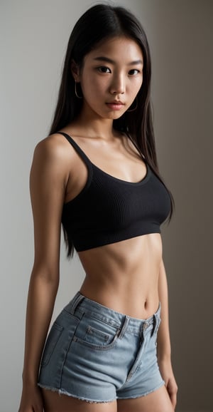 A [chinese-american|korean-american|southeast Asian] teen girl, young, realistic, single eyelid, puffy face, photorealistic, (very round face), (full body shot), standing, thin eyes, slim waist, slender, midriff, defined hip bones, thigh gap, wearing a tight crop top and low-waisted shorts, very tone stomach, [small breasts|flat chest], highly detailed, best quality, raw photography, natural, broad view, raw photo, detailed face, legs, beautiful detailed eyes, detailed hair, cinematic lighting, eyeliner, [braided pigtails|very straight hair|ponytail|bun], looking at viewer, Depth of field, realistic face, natural skin texture, porous skin, black hair, blonde highlights, extremely detailed, stunning, fine detail, dramatic lighting, natural shadow, high quality, high resolution, sharp focus