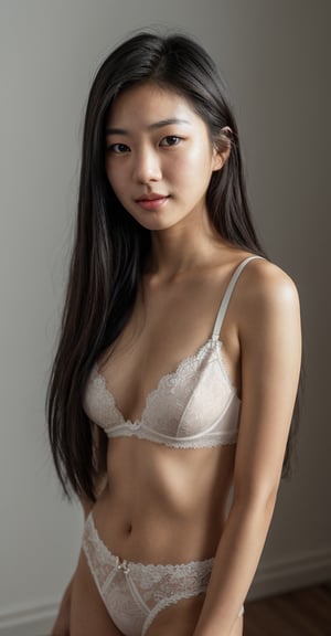  korean-american teen girl, young, realistic, single eyelid, puffy face, photorealistic, round face, full body, standing, thin eyes, slim waist, slender, straight hair, sexy underwear, small breasts, highly detailed, best quality, raw photography, natural, broad view, raw photo, detailed face, beautiful detailed eyes, detailed hair, cinematic lighting, eyeliner, long hair, looking at viewer, softly smiling, Depth of field, realistic face, natural skin texture, porous skin, dark eye colors, black hair, extremely detailed, stunning, fine detail, dramatic lighting, natural shadow, high quality, high resolution, sharp focus