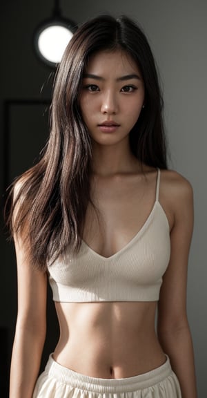 A korean-american teen girl, young, realistic, single eyelid, puffy face, photorealistic, (round face), (full body shot), standing, thin eyes, slim waist, slender, straight hair, midriff, halter top, tone stomach, small breasts, highly detailed, best quality, raw photography, natural, broad view, raw photo, detailed face, beautiful detailed eyes, detailed hair, cinematic lighting, eyeliner, long hair, looking at viewer, Depth of field, realistic face, natural skin texture, porous skin, black hair, extremely detailed, stunning, fine detail, dramatic lighting, natural shadow, high quality, high resolution, sharp focus