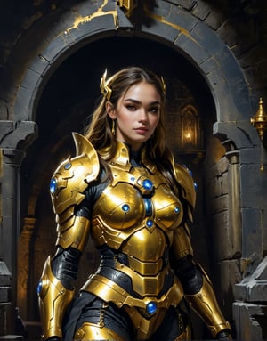 (A close up painting of a   beautiful   ork  women  wearing a golden mecha night's armour),((in a highly detaild castle )),inside a detaild castle background,vibrent, ((ethernel armour )),musculer,  ,((medivel dwarf)),, wearing ethernel   armour,   ,inside a castle  ,close up potrait,  detaild background  ,  heavy detaild armour , epic, ethernel,  whismical atmosphere,highly detaild,  intricate details, concept art,in the style of nicola samori,   epic sense, ((concept art ))