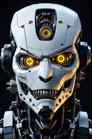 4K resalotion , (masterpiece), ,viewed_from_front  ,  perfect    ,mecha   robot head ,  1     robot   ,mechanical creature,sensors on face,, ,
 , highly detaild    ,(  detaild artificial face ), front view, dark colours  , Gothic , highly detaild , ,, facing the viewer ,    sharp teeth,close-up, detaild eyes , ,   simple background ,, realistic   ,more detail XL 
