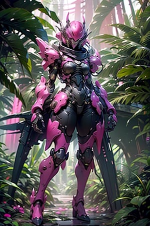 highres, Ultra HD, ultra detailed,(pov_from_below ),cinematic poster,  ,((colourful jungle background )),  female ,  a  cyborg in a jungle temple,       ,((highly detaild perfect face )), ((black and pink  mecha armour )) ,,perfect   , (giant ),   ((front)), facing the viewer,  the background is a    scene of the ancient  rainforest ,aincent temple , lush trees, wild flowers , sparkling light, 