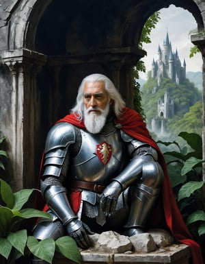 A close up painting of a  medivel Knight,Knight armour,red cape, megestic old Knight white Beard,white hair,,in a jungle a ruined castle in background ,  kneeling ,, highly detaild,,  , detaild background,,  highly detaild ruind castle background,plants Rocks Stone statue pieces, intricate details, concept art,in the style of nicola samori,