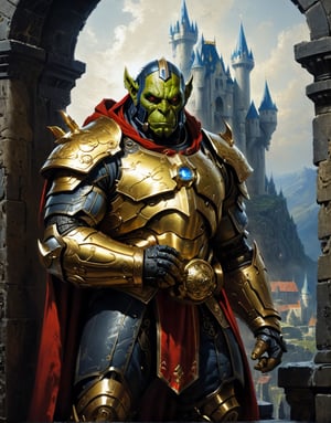 A close up painting of a   megestic   ork    wearing a golden mecha night's armour,((in a highly detaild castle ))inside a detaild castle background,vibrent, ((ethernel armour )),musculer, biceps,((medivel dwarf)),, wearing ethernel   armour,red cape,inside a castle  ,close up potrait,  detaild background  ,  heavy detaild armour , epic, ethernel,  whismical atmosphere,highly detaild,  intricate details, concept art,in the style of nicola samori,   epic sense, ((concept art ))
