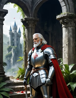 A close up painting of a  medivel Knight,Knight armour,red cape, megestic old Knight white Beard,white hair,,in a jungle a ruined castle in background ,  kneeling ,, highly detaild,,  , detaild background,,  highly detaild ruind castle background,plants Rocks Stone statue pieces, intricate details, concept art,in the style of nicola samori,