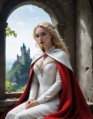 A close up painting of a  medivel Queen ,beautiful women,blonde hair wearing a beautiful white dress ,red fury cape, megestic ,sitting by a window in the ruind castle,  ,,in a  ruined castle jungle in background ,    ,, highly detaild,,  , detaild background,,  highly detaild ruind castle background,plants Rocks Stone statue pieces, intricate details, concept art,in the style of nicola samori,