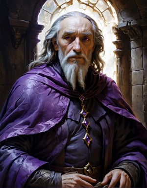 A close up painting of a   megestic   old wizard   wearing a beautiful purple   cape inside a   castle  ,vibrent, ((ethernel   )),musculer,  wrinkled skin,,((medivel  ))((in a highly detaild castle )),,   old, white Beard, ,close-up potrait,  detaild background  ,    detaild  , (magical ), glowing purple eyes,, epic, ethernel,  whismical atmosphere,highly detaild,  intricate details, concept art,in the style of nicola samori,   epic sense, ((concept art ))