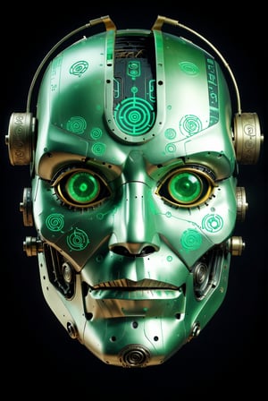 A colossal robot head adorned with ancient scrolls and glyphs. Its metallic surface seems to hold countless stories and forgotten knowledge.   ,has a tactical mask. The mask is constructed from a dark, matte composite material with a sleek, angular design. Glowing green orbs embedded within its face scan and analyze the environment,  preserving information for future generations.