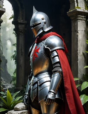 A close up painting of a  medivel Knight,Knight armour,red cape, Knight helmet,in a jungle a ruined castle in background ,  kneeling ,, highly detaild,,  , detaild background,,  highly detaild ruind castle background,plants Rocks Stone statue pieces, intricate details, concept art,in the style of nicola samori,