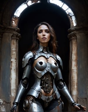 A close up painting of a   creepy   woman   with a hole in the chest, wearing rusty broken mecha armour,inside a decrepit church ,close up potrait,  detaild background , horror, ,  steampunk armour ,ruined church,,((she has a highly detaild large mecha hole in the middle of the chest With mechanical parts inside)),   detaild background church ,,  Gothic atmosphere,highly detaild,  intricate details, concept art,in the style of nicola samori,   epic sense, ((concept art ))