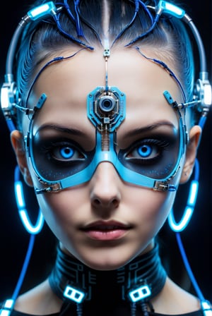 detailed close-up face portrait of a young woman with a cybernetic mask. The mask covers the upper half of her face, revealing intricate circuitry and glowing blue wires beneath a transparent panel.  Her remaining eye gleams with defiance, and a shaved head with a cybernetic Mohawk completes the cyberpunk aesthetic.
