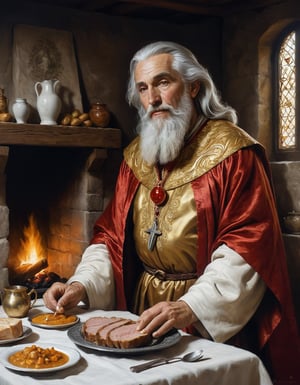 A close up painting of a  medivel wizard inside a medivel cottage room ,(close -up),wearing gold and red silk,robes,old,musculer,kind looking,, megestic,   white Beard,white hair,,highly detaild medivel room,table full of delicious food,rost beef, pork , bread, potatos,soup, milk,,, day time,background ,   ,, highly detaild,,  , fireplace,Calderon,hurbs, ,plants ,a Stone statue of a god , intricate details, concept art,in the style of nicola samori,