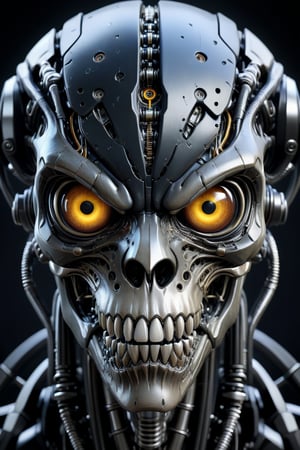 4K resalotion , (masterpiece), ,viewed_from_front  ,  perfect    ,black robot head ,  1   alien animal ,Biomechanical creature,mecha parts on face,metal teeth , (closed mouth),cyborg,
veins, highly detaild four eyes,(multiple detaild eyes ), front view, dark colours  , Gothic , highly detaild , ,, facing the viewer ,    sharp teeth,close-up, detaild eyes , ,   simple background ,, realistic   ,more detail XL 