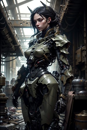 A female military cyborg,wearing camoflaged military armour , solo, red eyes,female ,   wearing heavy military armour ,   mecha, science_fiction, open_hand,, cinematic lighting,strong contrast,high level of detail,Best quality,masterpiece, war background, mechainjectionKA, sci-fi jungle background 