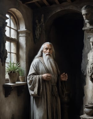 A close up painting of a  medivel wizard inside a medivel cottage room ,wearing dirty robes,old,musculer,kind looking,, megestic,   white Beard,white hair,,highly detaild medivel room background ,   ,, highly detaild,,  , fireplace,Calderon,hurbs, ,plants ,a Stone statue of a god , intricate details, concept art,in the style of nicola samori,